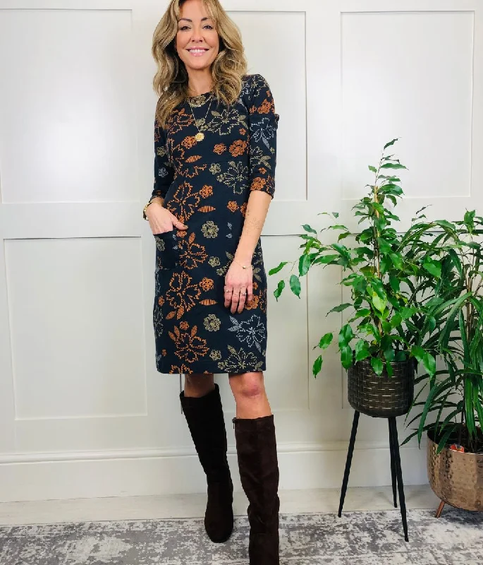 Women's Long Sleeve Dress-Navy Starshine Printed Pocket Dress