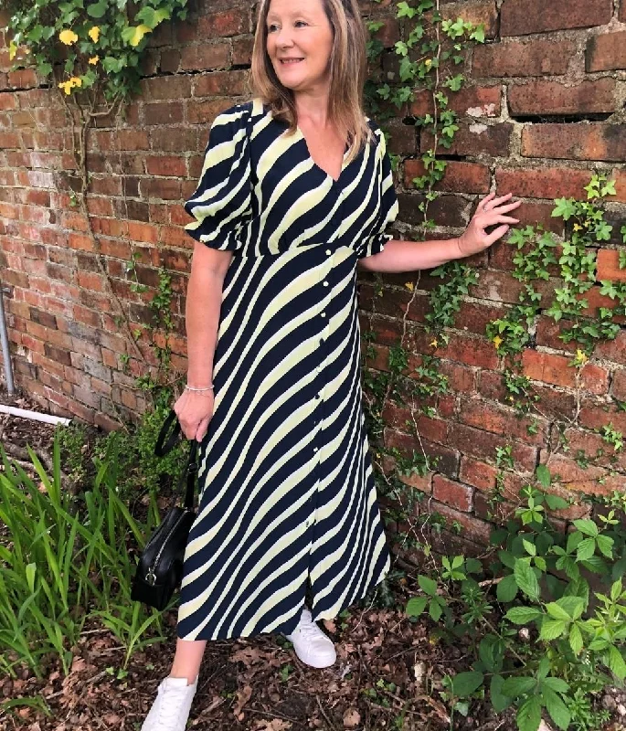 Women's Strapless Bodycon Midi Dress-Navy Stripe Midi Dress