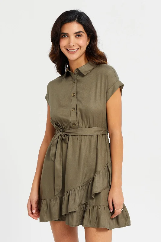 Women's Chunky Knit Dress-Women Olive Collared Dress