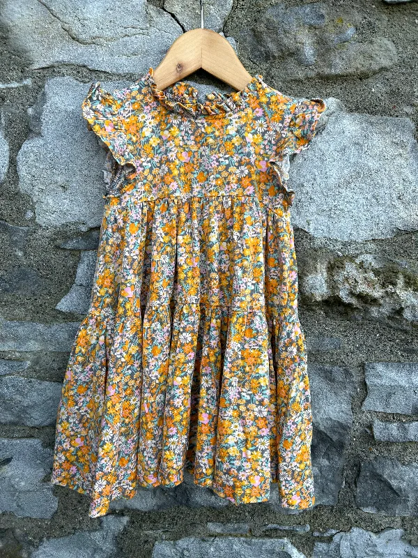 Women's Fitted Waist Dress-Orange flowers dress   2-3y (92-98cm)