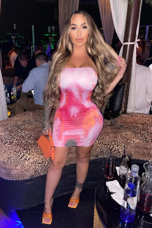 Bodycon Dress for Women -Pink Abstract Body Print Bandeau Mini Dress - Bongcha