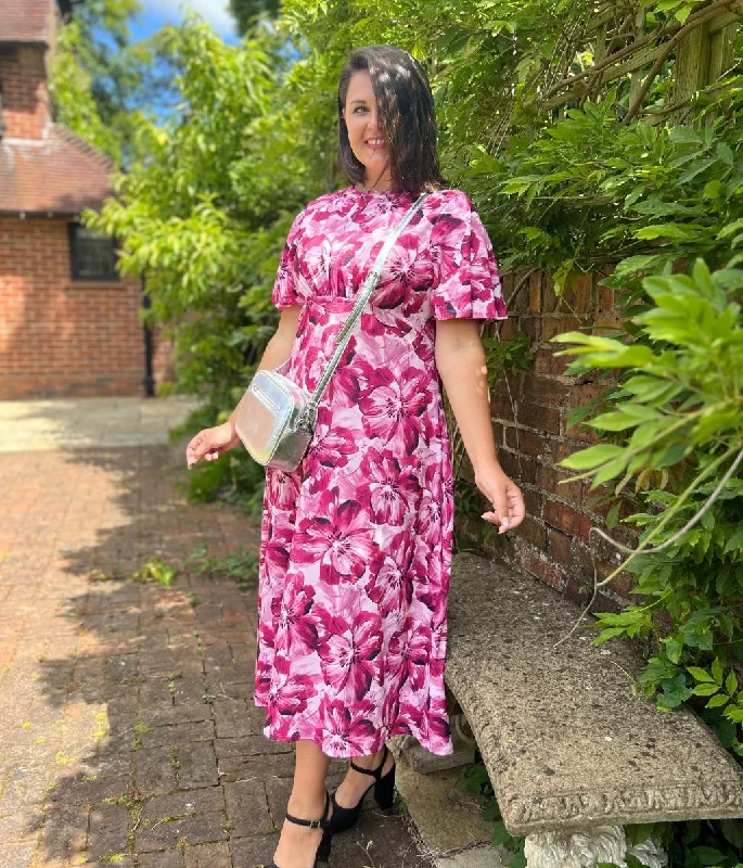 Women's Casual Short Sleeve Midi Dress-Pink Floral Kate Midi Dress