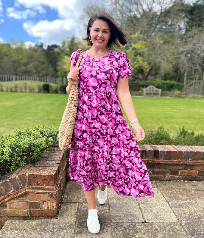 Women's Cropped Sleeve Midi Dress-Pink Floral Stretch Midi Dress