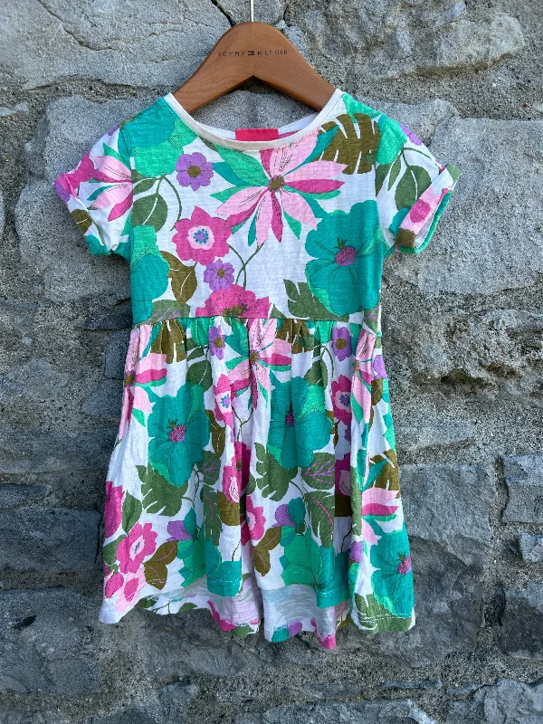 Women's V-neck Casual Dress-Pink&green floral dress  18-24m (86-92cm)
