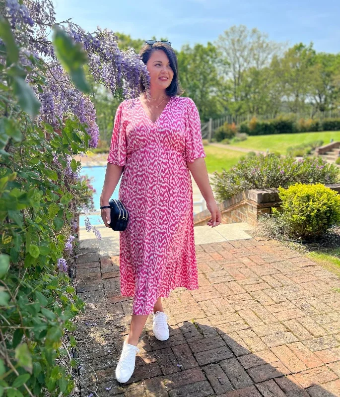 Women's Knitted Long Sleeve Midi Dress-Pink Ikat Print Midi Dress
