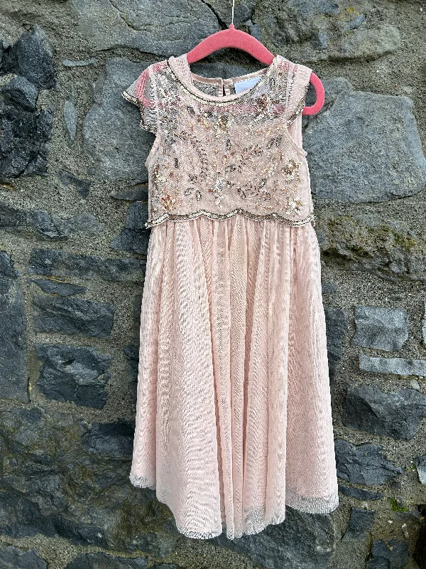 Women's Stylish Maxi Dress-Pink net dress with sequin bolero   5y (110cm)