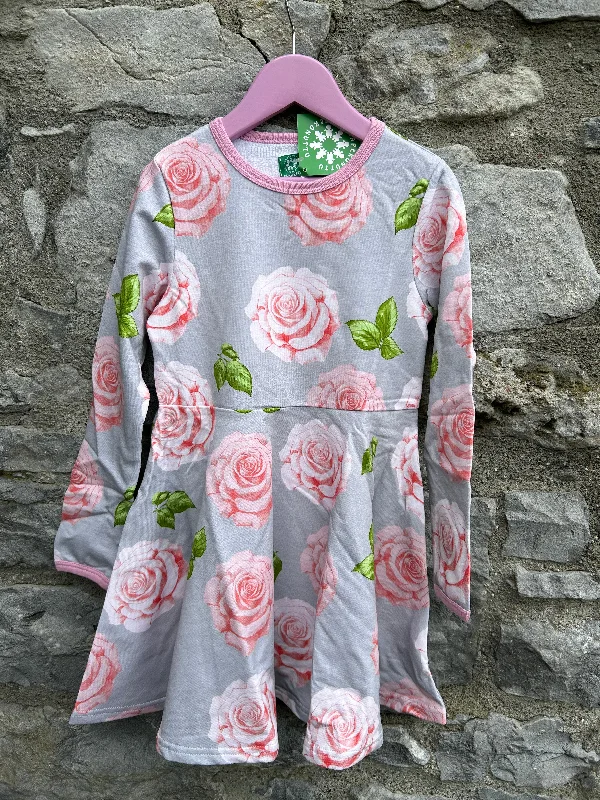 Women's Lightly Ruched Dress-Pink roses grey dress  7y (122cm)