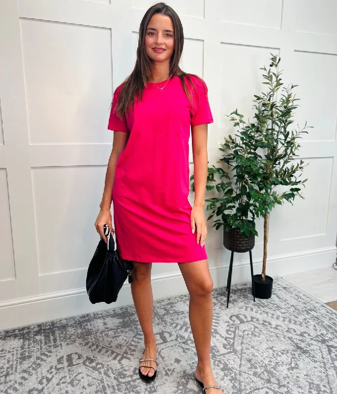 Colorful Plaid Shirt Dress-Pink Single Pocket Mini T Shirt Dress