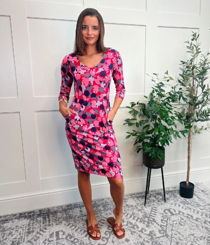 Women's Backless Dress-Pink Tess Floral Jersey Dress