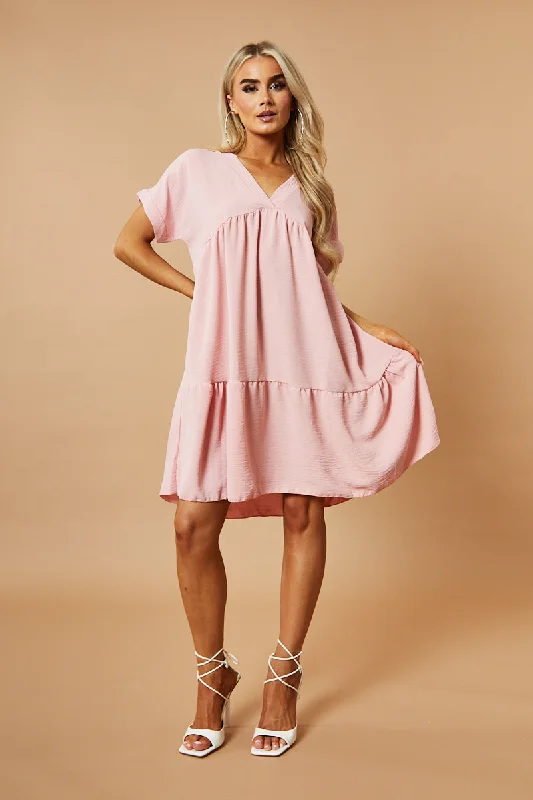 Women's Spaghetti Strap Floral Mini Dress-Pink V-Neck Tiered Frill Mini Dress - Kate Women's Spaghetti Strap Floral Mini Dress-Pink V-Neck Tiered Frill Mini Dress - Kate
