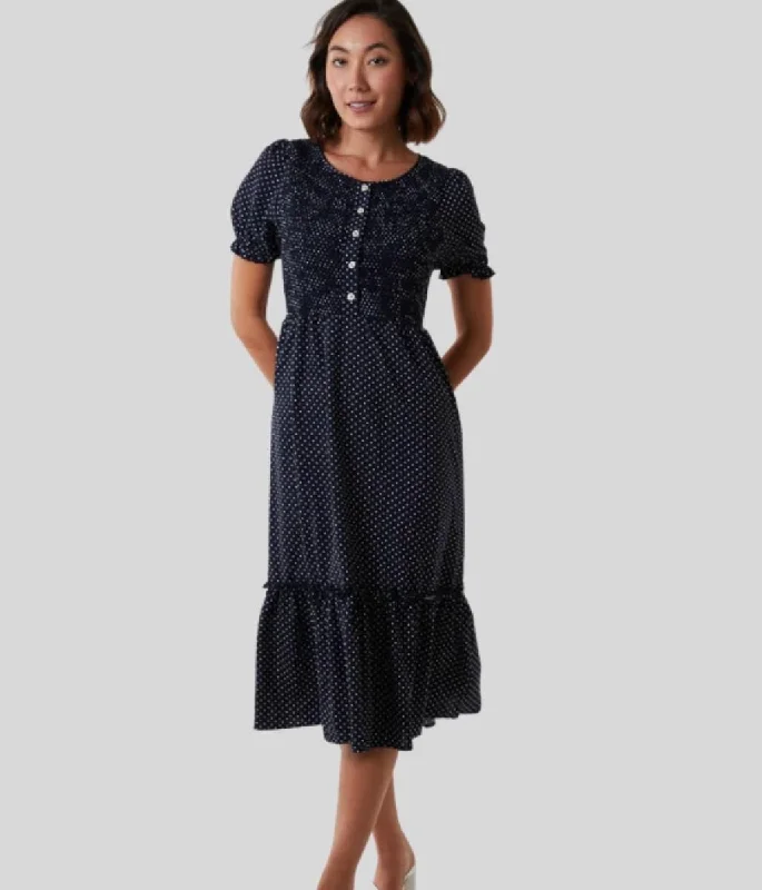 Women's Sash Waist Midi Dress-Polka Dot Tiered Midi Dress