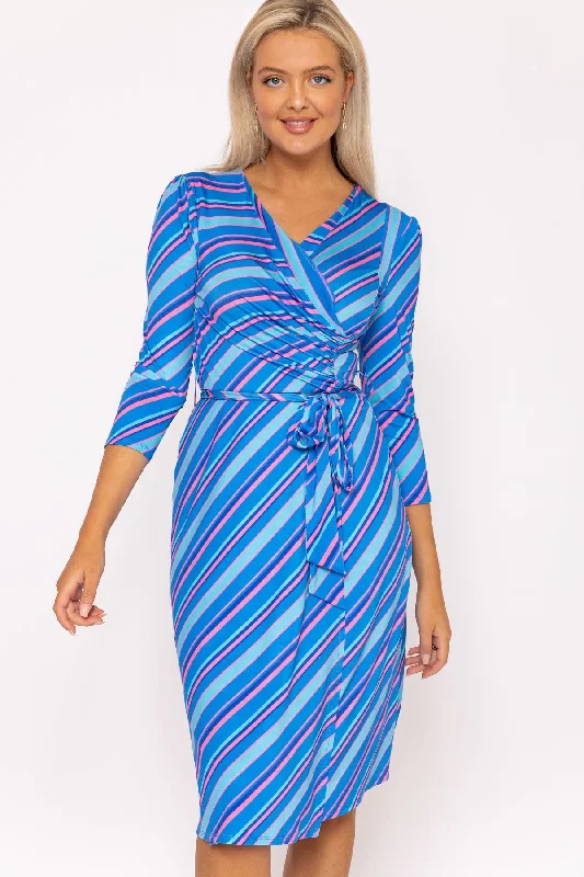Women's Boat Neck Dress-Printed Blue Jersey Dress