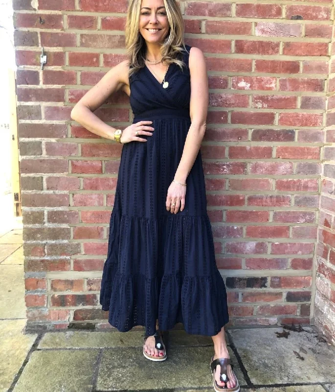 Women's Sporty Midi Dress-Navy Cotton Embroidered Midi Dress