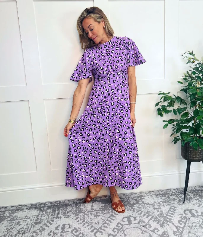 Women's Long-line Midi Dress-Purple Leopard Print Kate Midi Dress