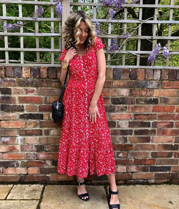 Women's Casual Pleated Midi Dress-Red Ditsy Button Through Midi Dress