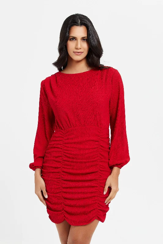Women's Long Silk Dress-Women Red Ruched  Dress