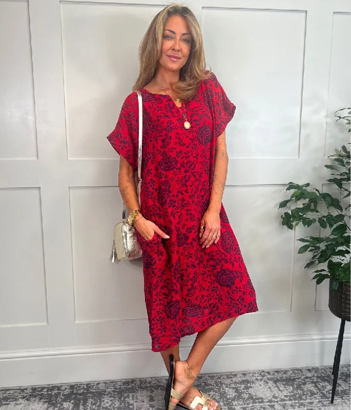 Women's Off-Shoulder Dress-Red Floral Linen Look Dress