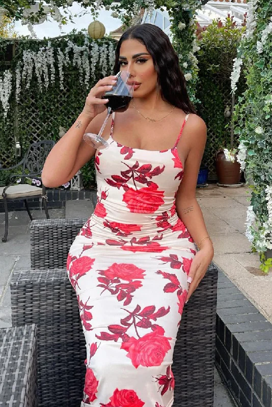 Red Bodycon Dress -Red Floral Print Bodycon Maxi Dress - Sasha