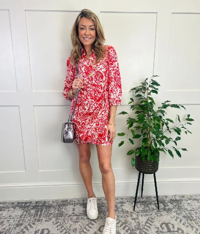 Satin Wrap Dress for Evening Dinner -Wrap Dress with Cross Front -Red Floral Swirl Print Wrap Dress