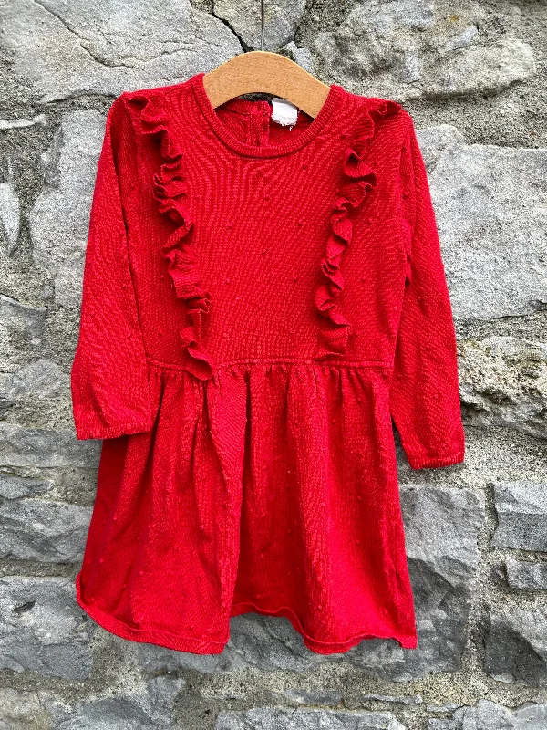 Women's Ruffle Sleeve Dress-Red knitted dress  2-3y (92-98cm)