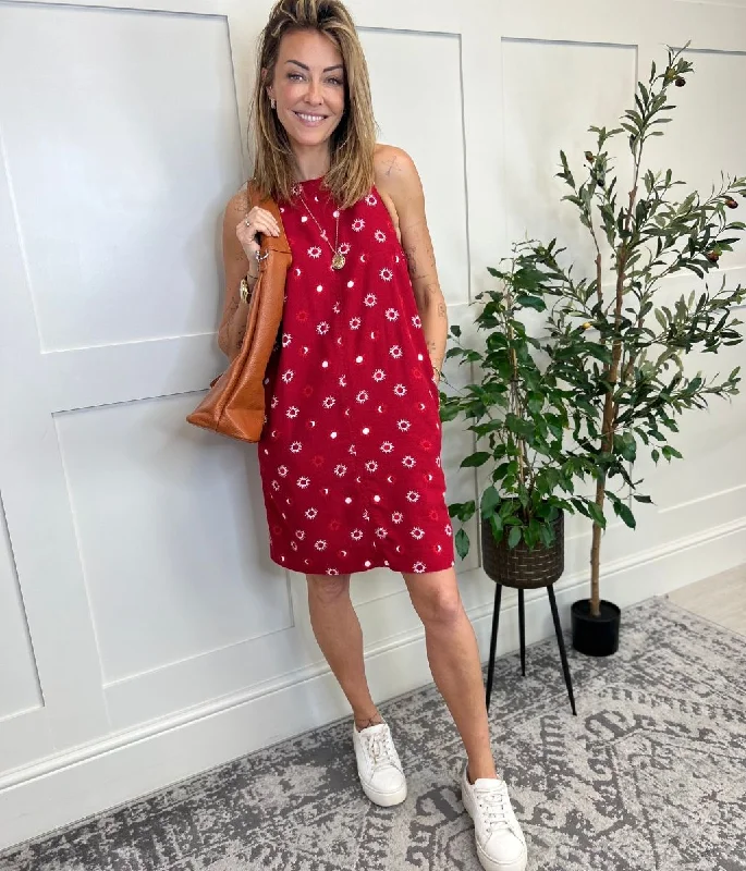 Women's Holiday Mini Dress-Red Linen Blend Mini Dress
