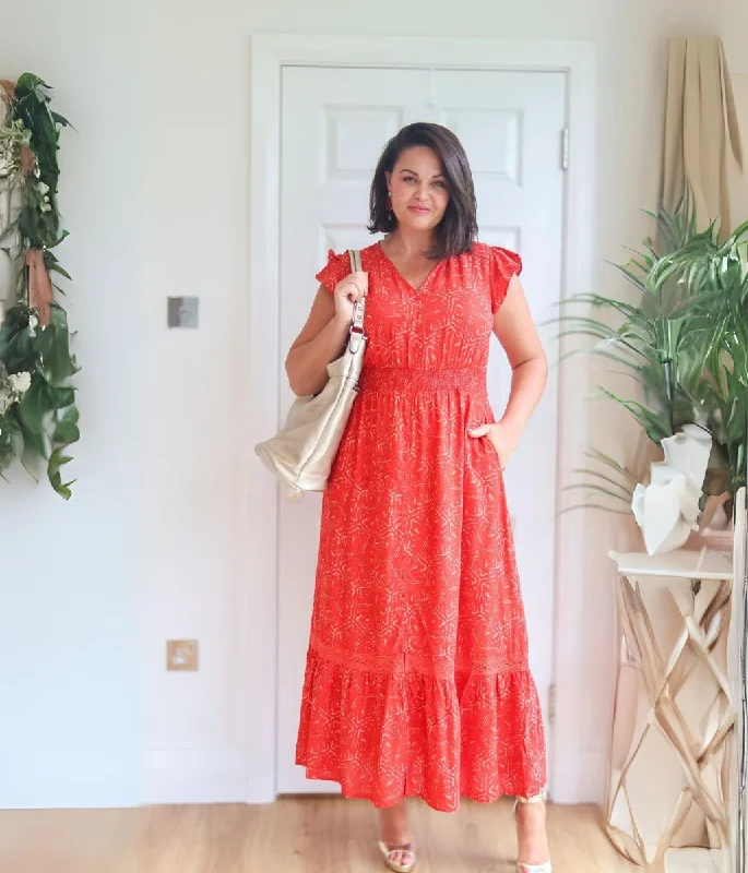 Women's Evening Maxi Dress-Red Print Maxi Dress