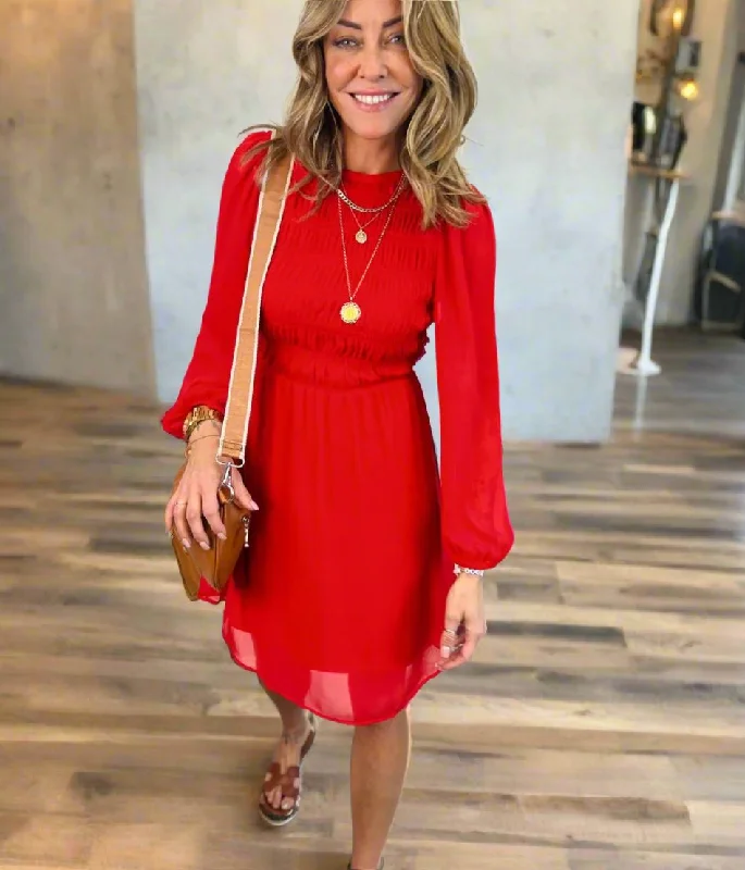 Women's Shirt Dress-Red Shirred Bodice Chiffon Dress