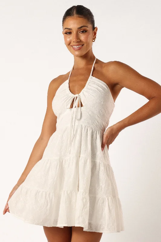 Women's Deep Green Mini Dress-Rilie Halterneck Mini Dress - White