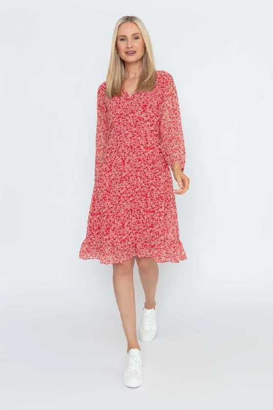 Women's Shift Dress with Sleeves-Roisin Knee Length Dress in Red Print