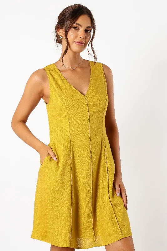 Women's Striped Mini Dress-Rubes Mini Dress - Mustard