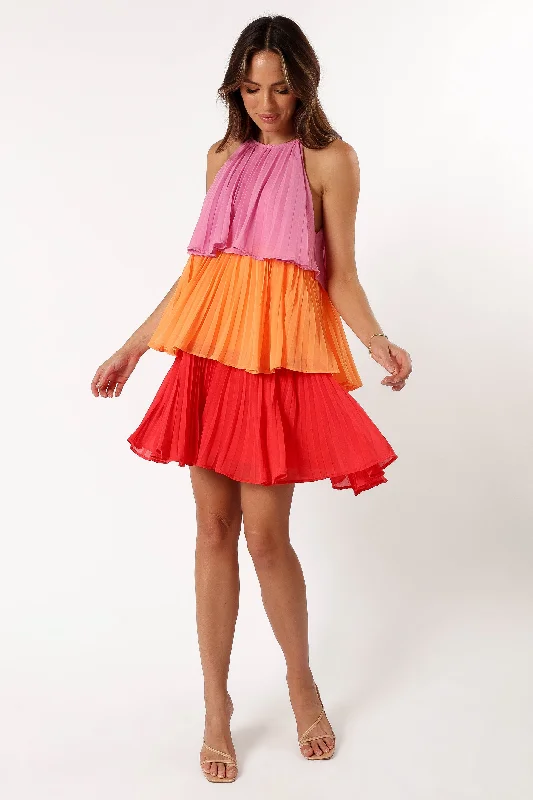 Women's Sexy Satin Mini Dress-Shortcake Tiered Mini Dress - Pink Orange Red
