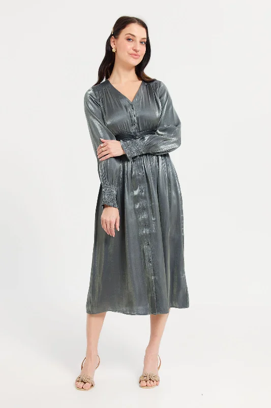 Women's Satin Maxi Dress-Women Silver Shimmer Smoked Waist Maxi Dress