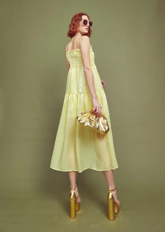 Women's Deep V-neck Midi Dress-Sabrina Smocked Empire Line Midi Dress - Lemon