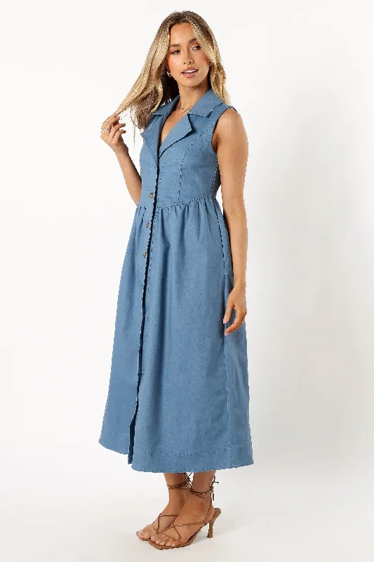 Women's Casual Striped Midi Dress-Sonja Midi Dress - Steel Blue