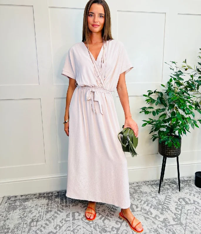 Women's Designer Dress-Stone Belted Midaxi Dress
