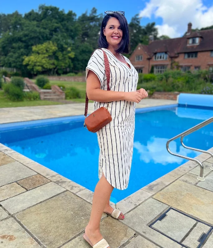Women's Pleated Dress-Striped Cotton Shift Dress