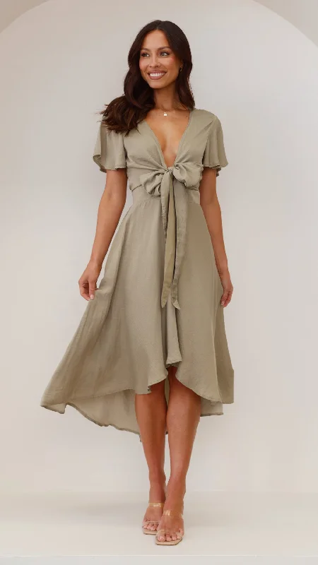 V-neck Silk Party Dress for Classic Look -Sunny Daze Dress - Olive