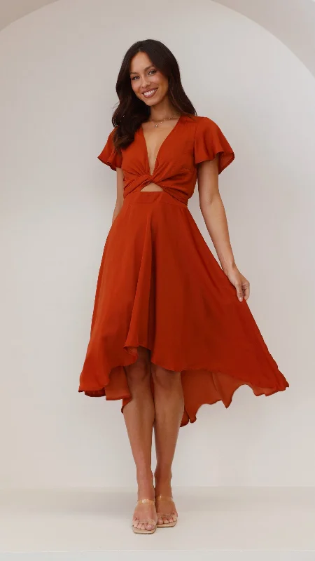 Red Satin Party Dress for Holiday Party -Sunny Daze Dress - Rust