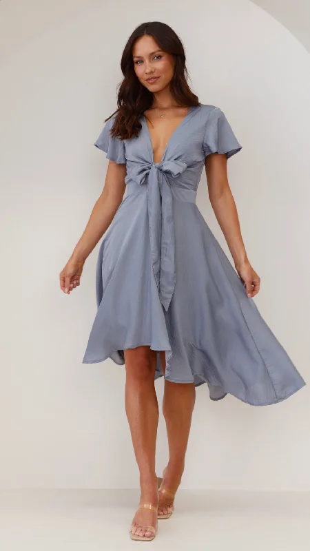 Silk Wrap Dress for Evening Glam -Sunny Daze Dress - Steel Blue