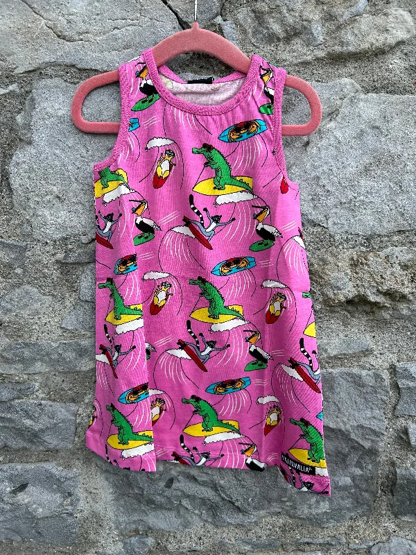 Women's Long Sleeve Formal Dress-Surfing animals pink dress  2y (92cm)