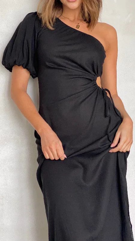 Women's Ruffled Sleeve Midi Dress-Suzie Midi Dress - Black