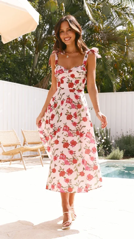Women's Casual Linen Midi Dress-Sylvie Midi Dress - Pink Floral