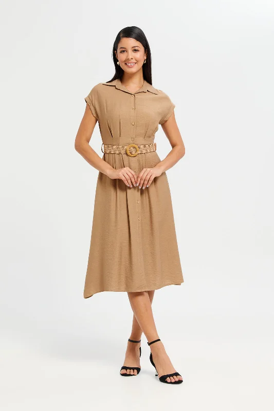 Checkered Cotton Shirt Dress-Women Tan Belted Shirt Dress