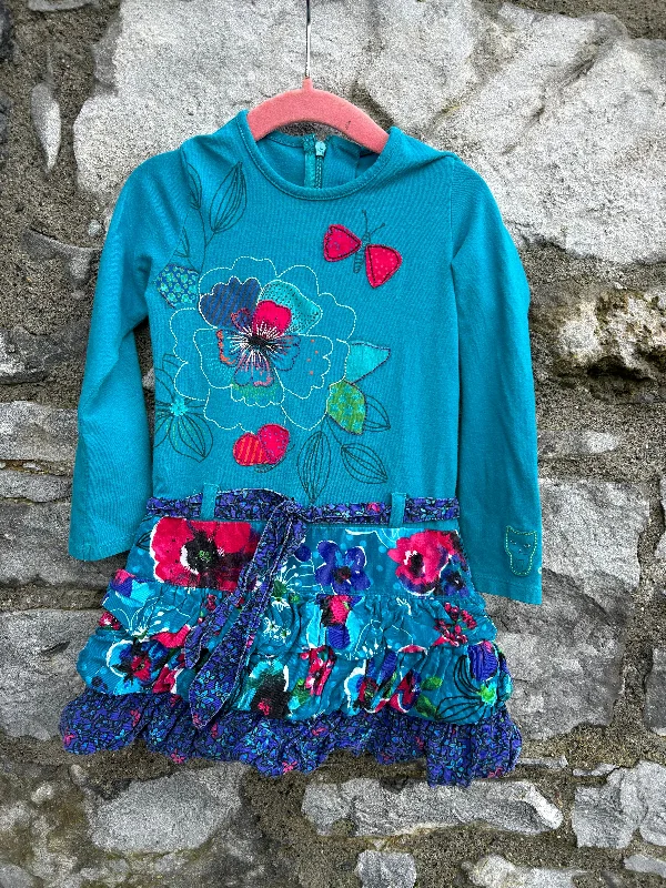 Women's Cashmere Dress-Teal floral dress   2-3y (92-98cm)