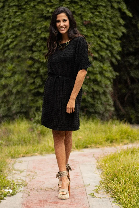 Women's Classic Shirt Dress-Thalu in Black Cotton Knitted Belted T-Shirt Dress in Black from Peru