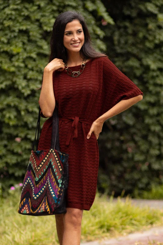 Casual Plaid Shirt Dress for Fall-Thalu in Rust Cotton Knitted Belted T-Shirt Dress in Russet Red from Peru