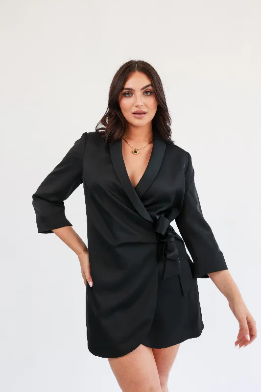 Floral Wrap Dress for Summer BBQ -Wrap Dress for Formal Dinner -"The Sarah" Wrap Blazer Dress (Black) Floral Wrap Dress for Summer BBQ -Wrap Dress for Formal Dinner -"The Sarah" Wrap Blazer Dress (Black)