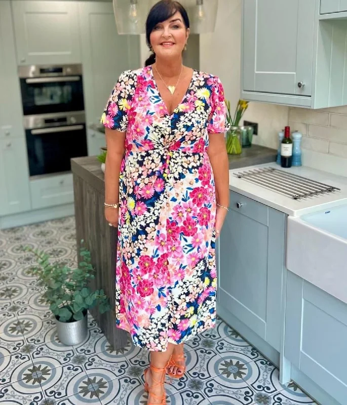 Women's Soft Midi Dress-Twist Front Spring Flower Midi Dress