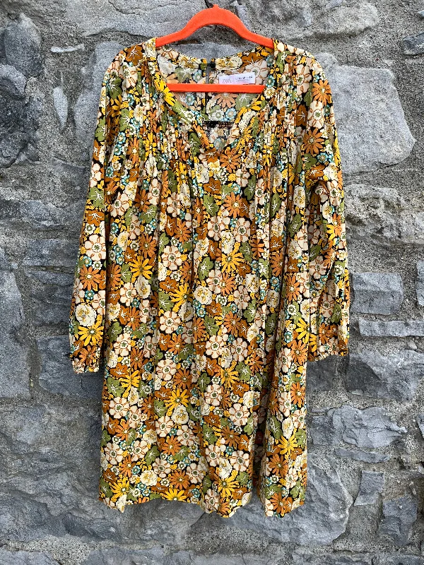 Women's All-occasion Dress-Brown&yellow flowers dress  11-12y (146-152cm)