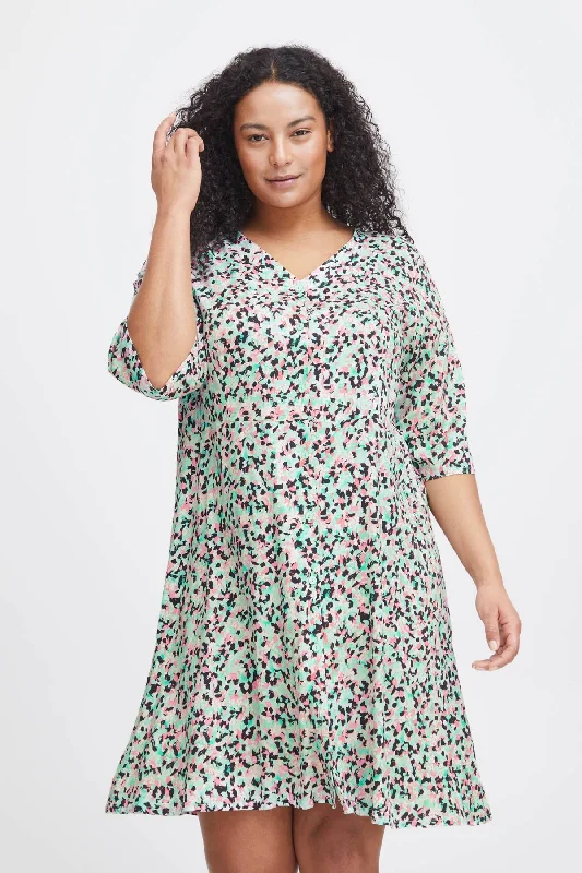Women's Shift Dress with Pockets-Viscose Dress in Green Print